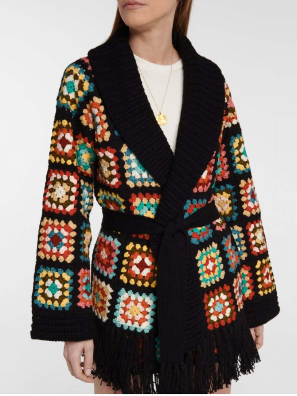 Alanui Black Multicolor Crochet Square Patchwork Cardigan with Fringe